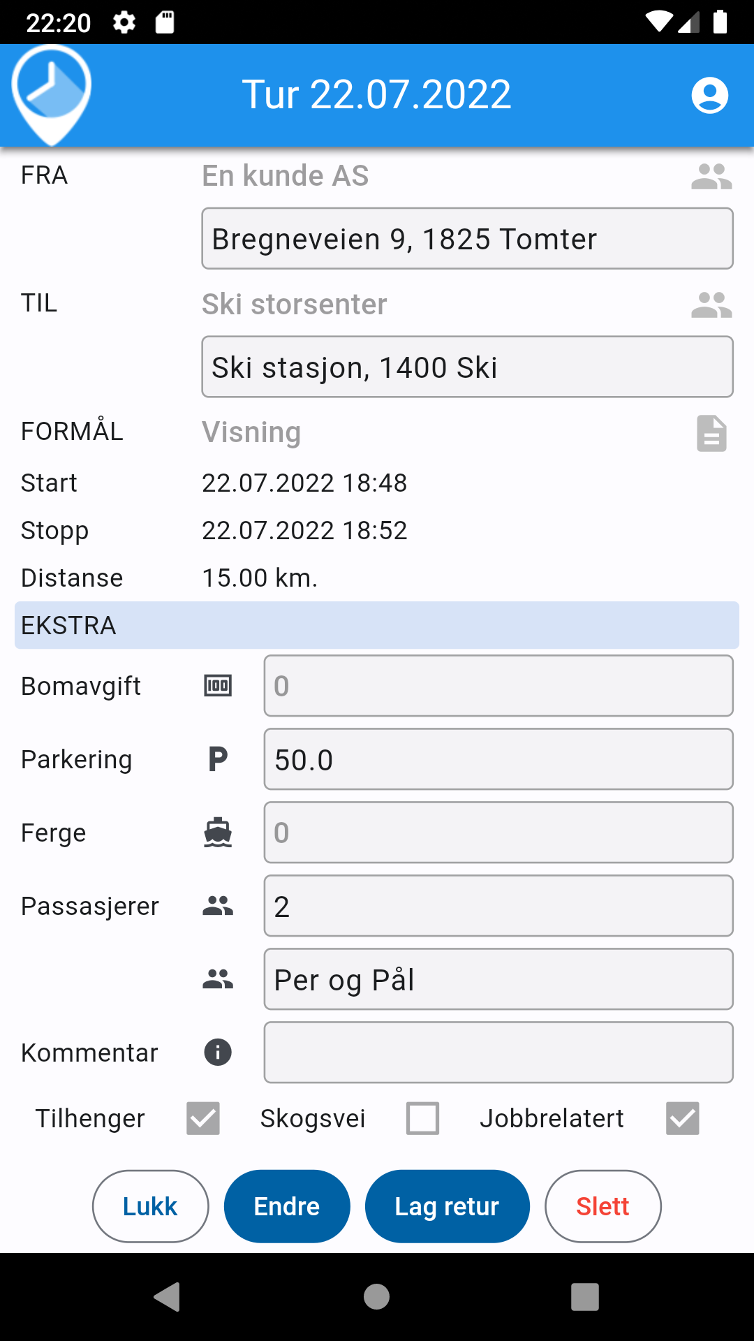Detaljert oversikt for reise