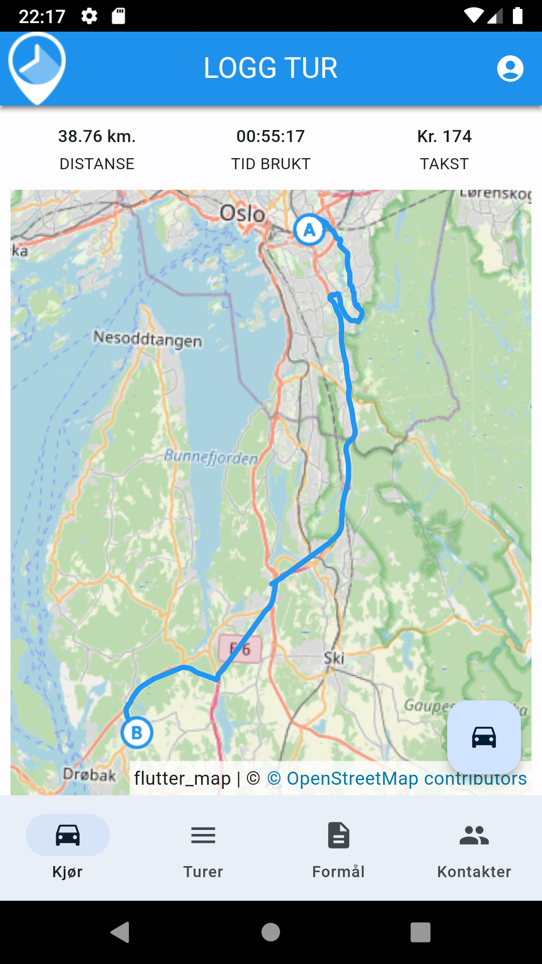 Begynn logging av tur ved å klikke på bil-ikonet
